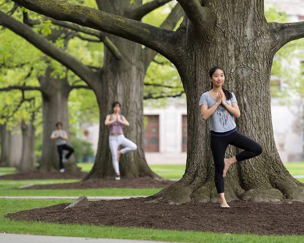 Three students standing in front of three trees doing yoga tree pose at 大学 of 罗彻斯特